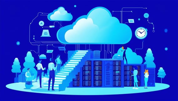 cloud migration, an image with data center, servers at the bottom, stairs from the server going up to the cloud on the top, some people blue colors, a