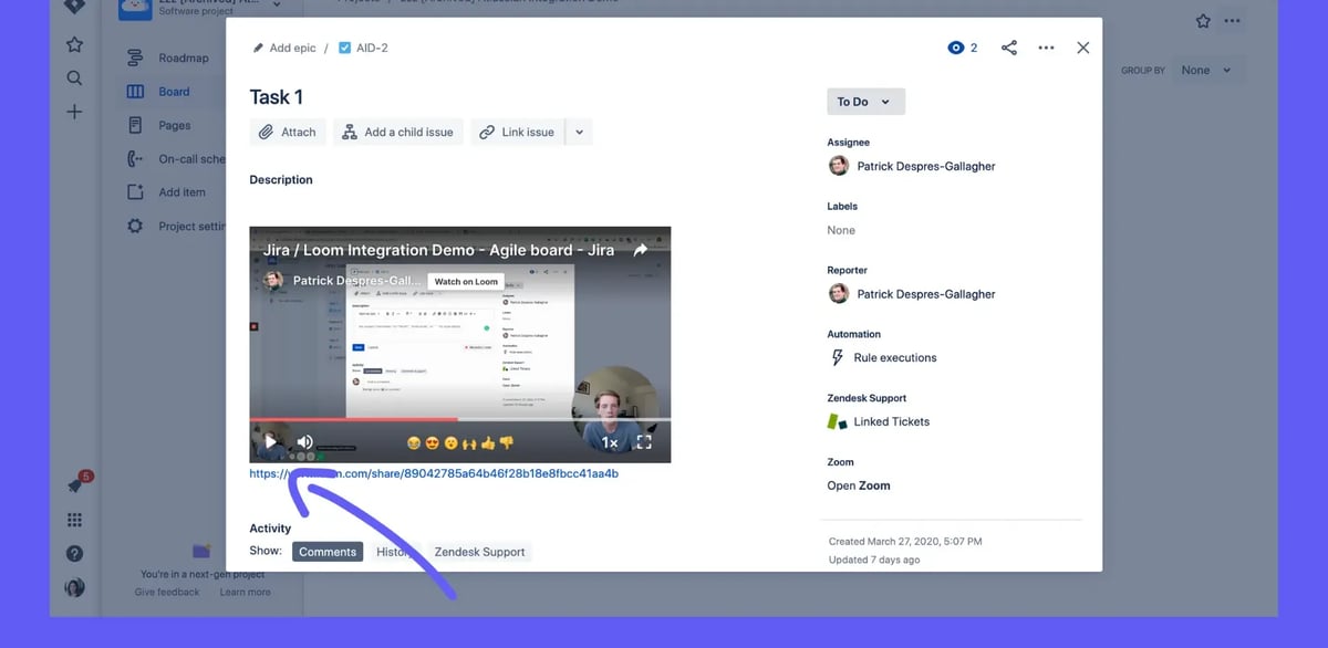 Klicken Sie auf „Play“ und sehen Sie sich den Loom eines Teammitglieds in einem Jira-Problem an.