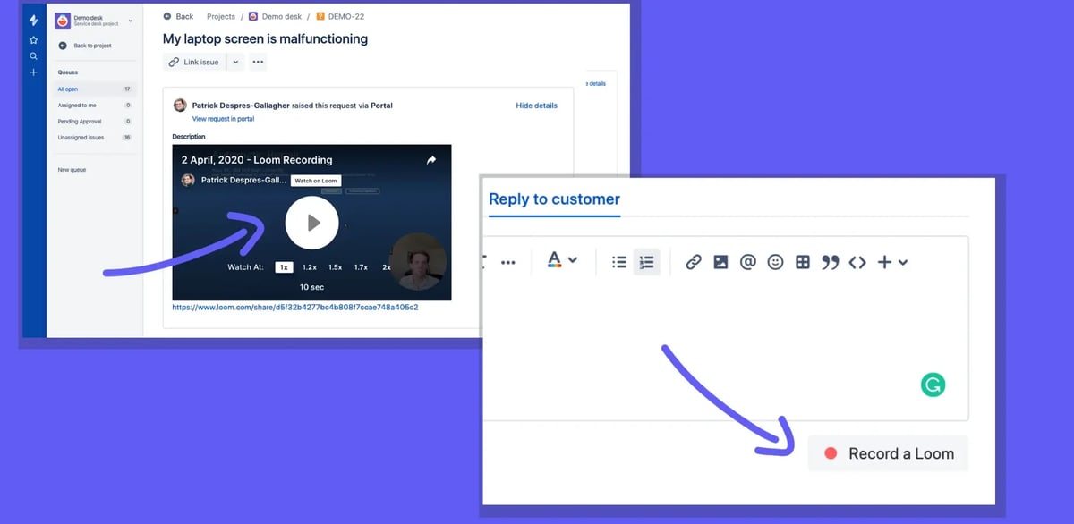 Responde a los clientes en Jira Service Management con un video de Loom