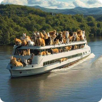 a cruise ship with many cats in it cruising up a river 1