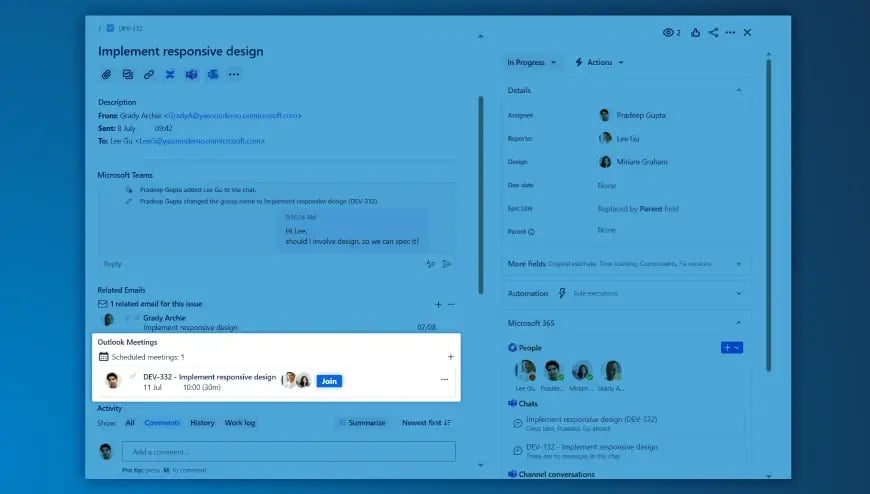 View Outlook and Teams meetings in your Jira issue