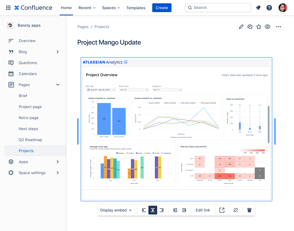 Ein Dashboard, das über einen Smart Link in eine Confluence-Seite eingebettet ist