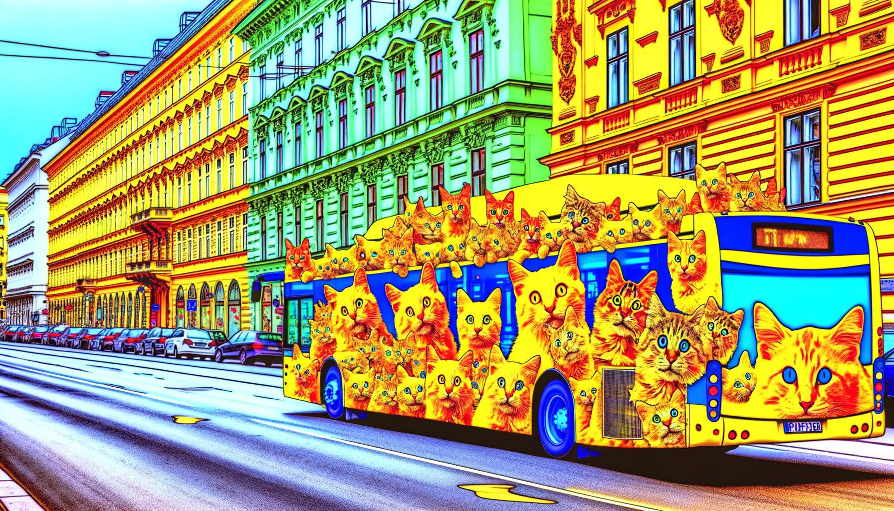 A bus driving through vienna with lots of yellow and organge cats in it-1